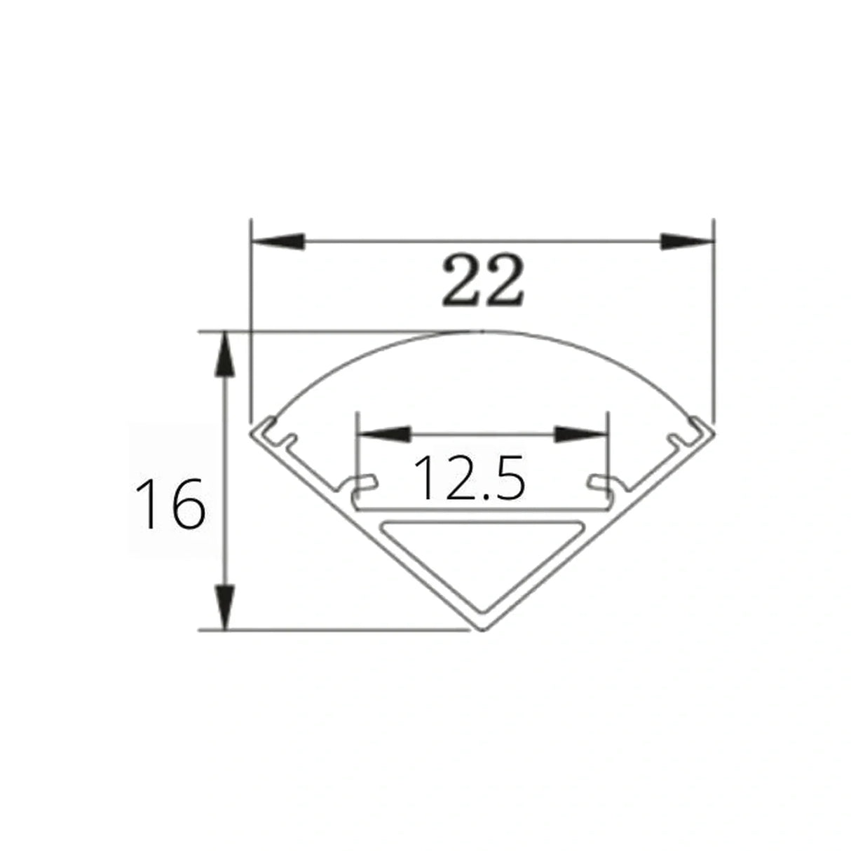 16x16mm corner profile dimensions, 22mm face and 12.5mm channel for 12mm strip