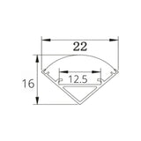 16x16mm corner profile dimensions, 22mm face and 12.5mm channel for 12mm strip