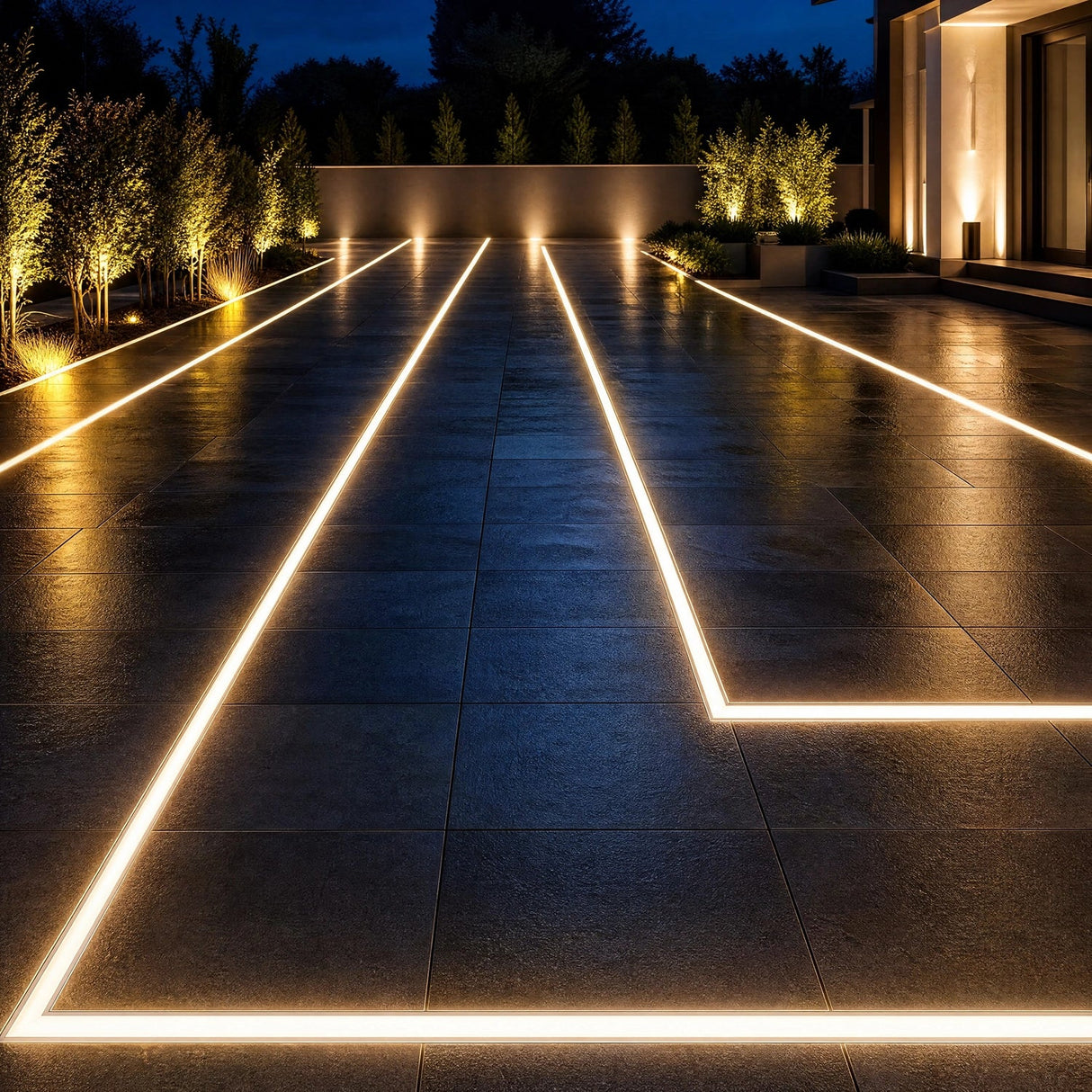 Recessed LED light lines across a modern patio and driveway at dusk