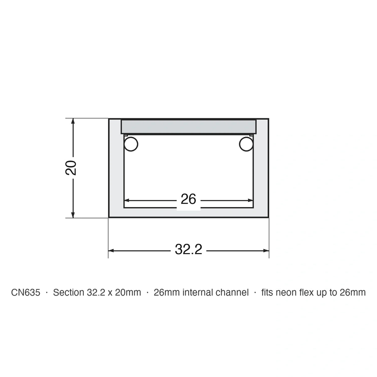 CN635 outdoor floor profile dimensions, 32.2 x 20mm with 26mm internal channel