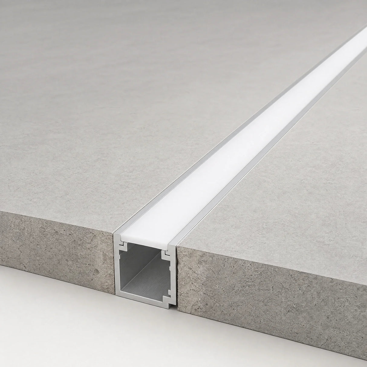 LED floor profile recessed into a floor slab with cover sitting flush