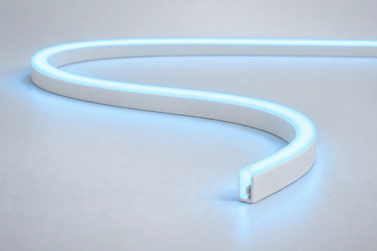 Ice Blue 6x12mm 12V IP65 neon flex showing the domed side-bend profile used in the product datasheet.