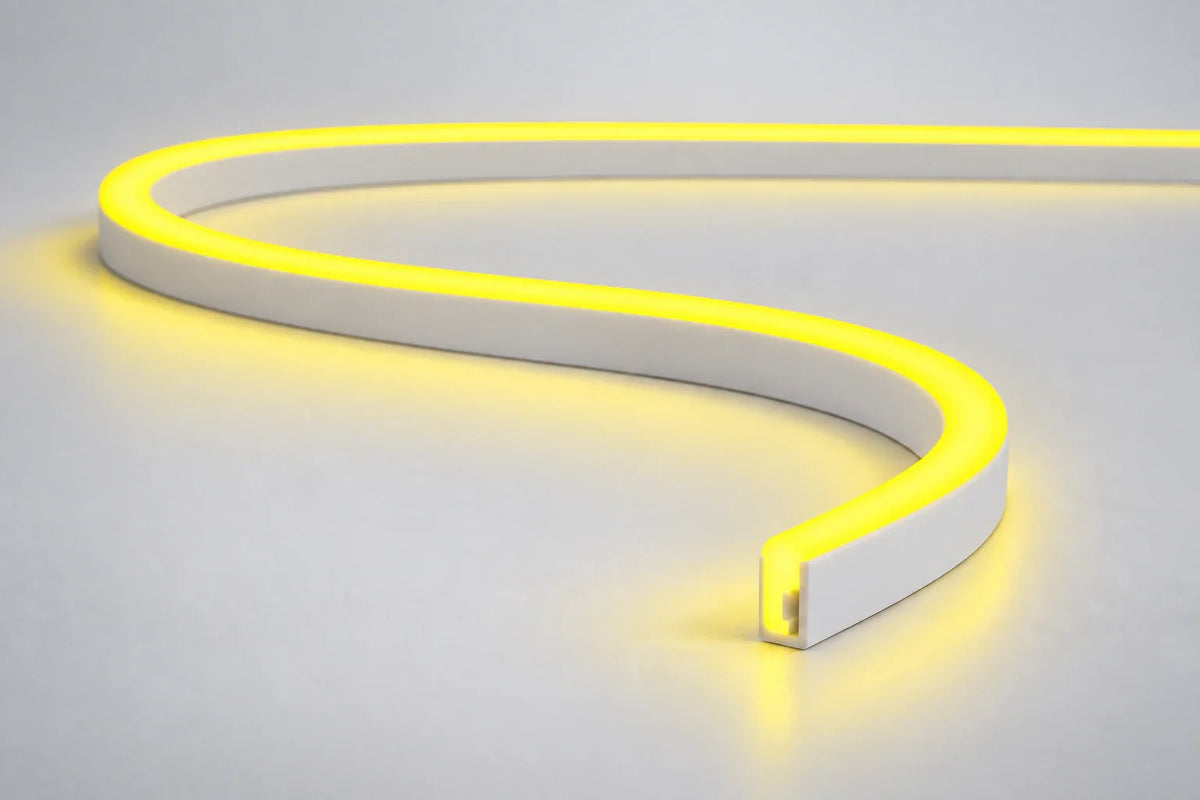 Lemon Yellow 6x12mm 12V IP65 neon flex showing the domed side-bend profile used in the product datasheet.