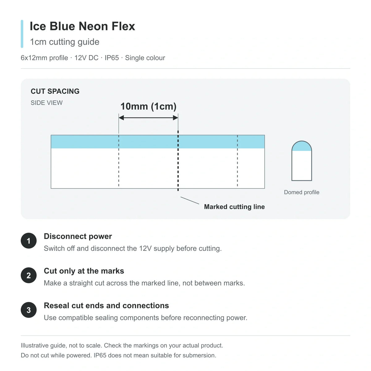 Ice Blue 6x12mm domed neon flex cutting guide showing 10mm (1cm) side-view marked intervals, disconnecting power, cutting at the marks and resealing ends.