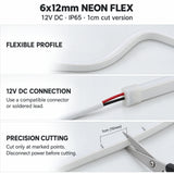 General 6x12mm 12V IP65 neon flex guide, shown in white, illustrating horizontal flexibility, two-wire connection and 10mm (1cm) marked cutting with power disconnected.