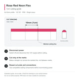 Rose Red 6x12mm domed neon flex cutting guide showing 10mm (1cm) side-view marked intervals, disconnecting power, cutting at the marks and resealing ends.