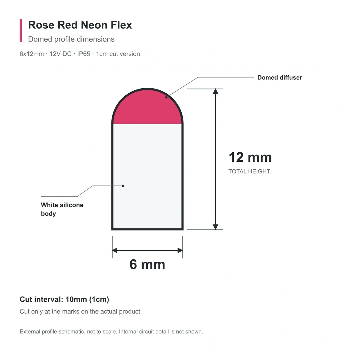 Rose Red neon flex external profile with a domed colour-matched top, 6mm width, 12mm total height and 10mm (1cm) cut interval.
