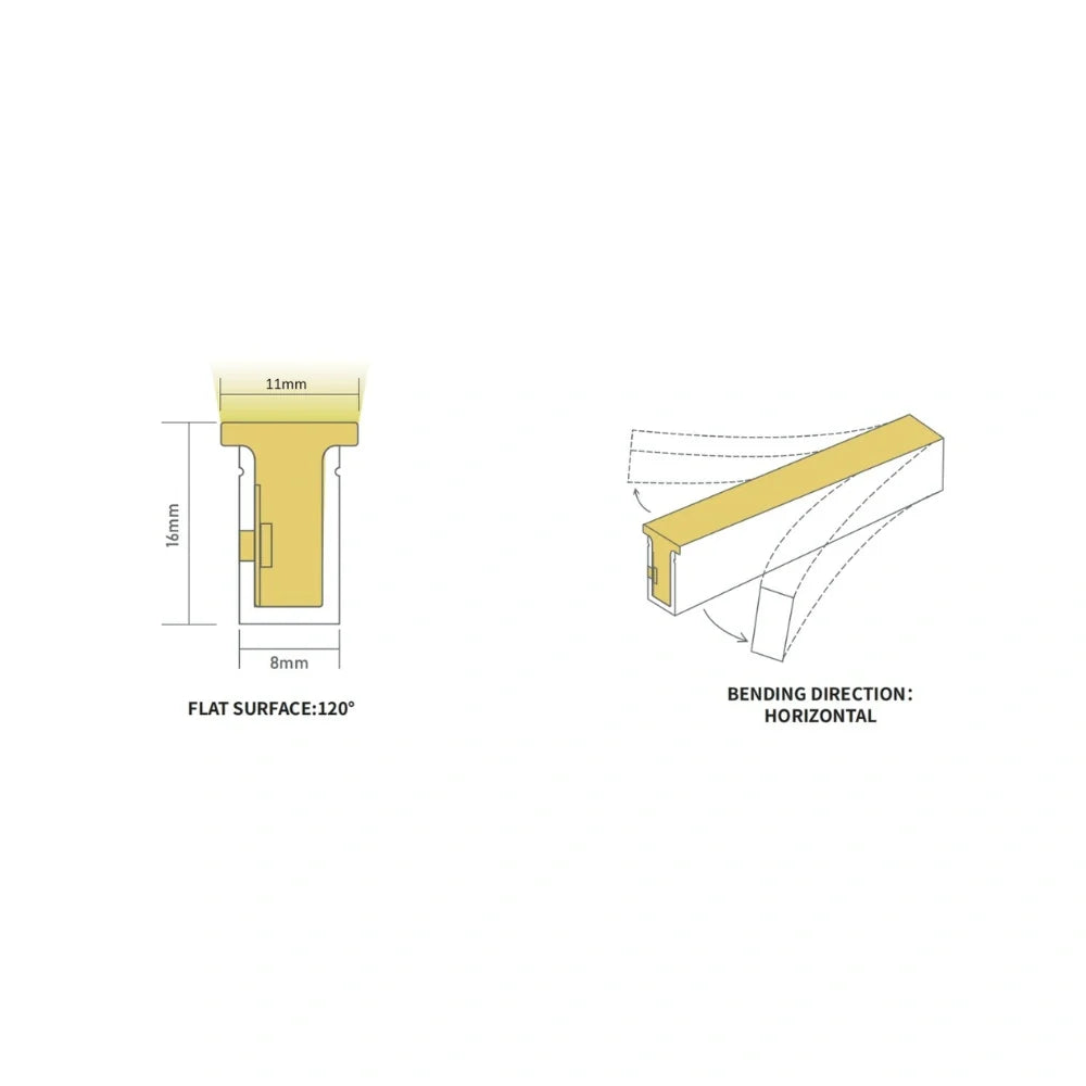 8x16mm IP67 neon flex profile dimensions — 8mm wide, 16mm tall, 120° flat surface