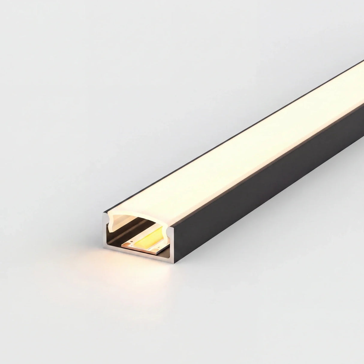 Black 17x8mm LED profile lit warm white showing a dot-free COB light bar