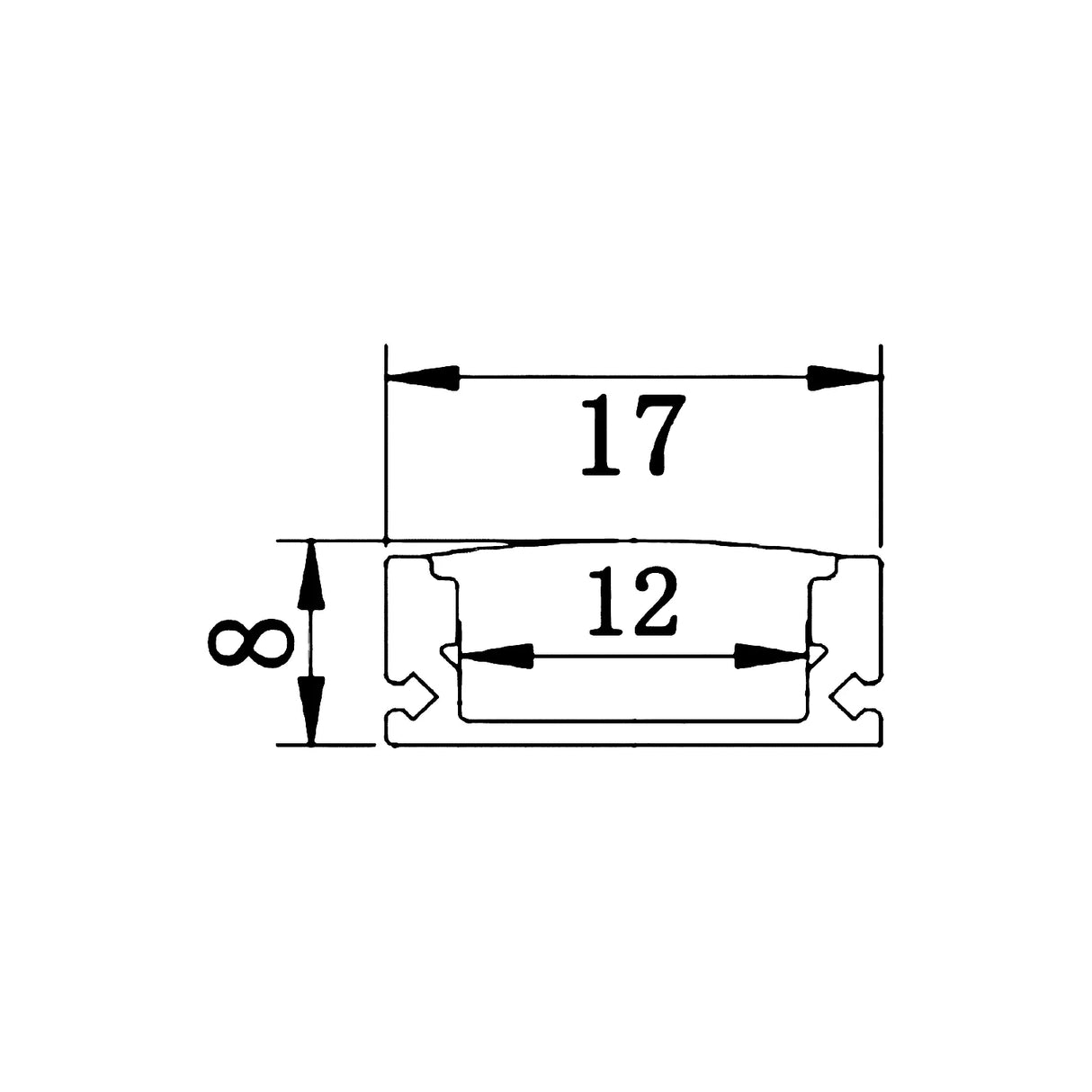 Cross-section: 17mm external width, 12mm internal channel, 8mm profile height