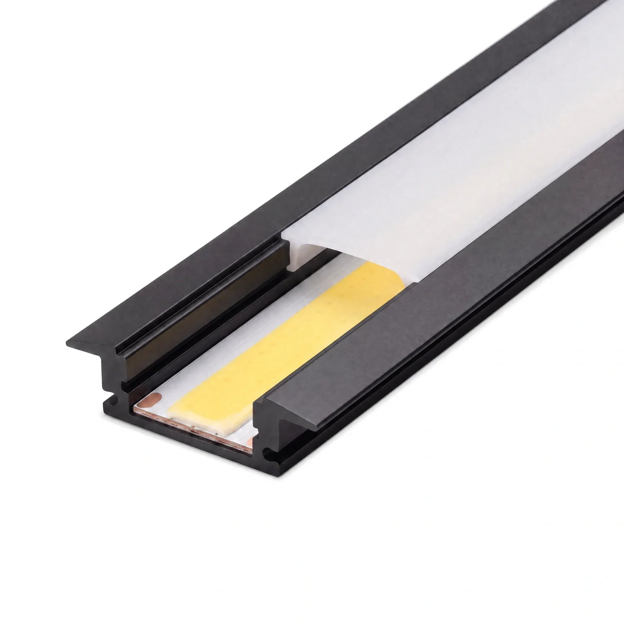 Black recessed LED profile channel fitted with 12mm COB strip
