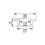 Cross-section drawing showing 25mm width 7mm height 12mm strip channel