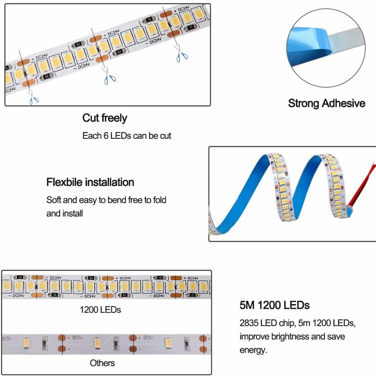 Blue LED Strip Light 12V 240 LEDs/m 1200 LEDs IP20 Non Waterproof 5 Metre Strip - UK LED Lights