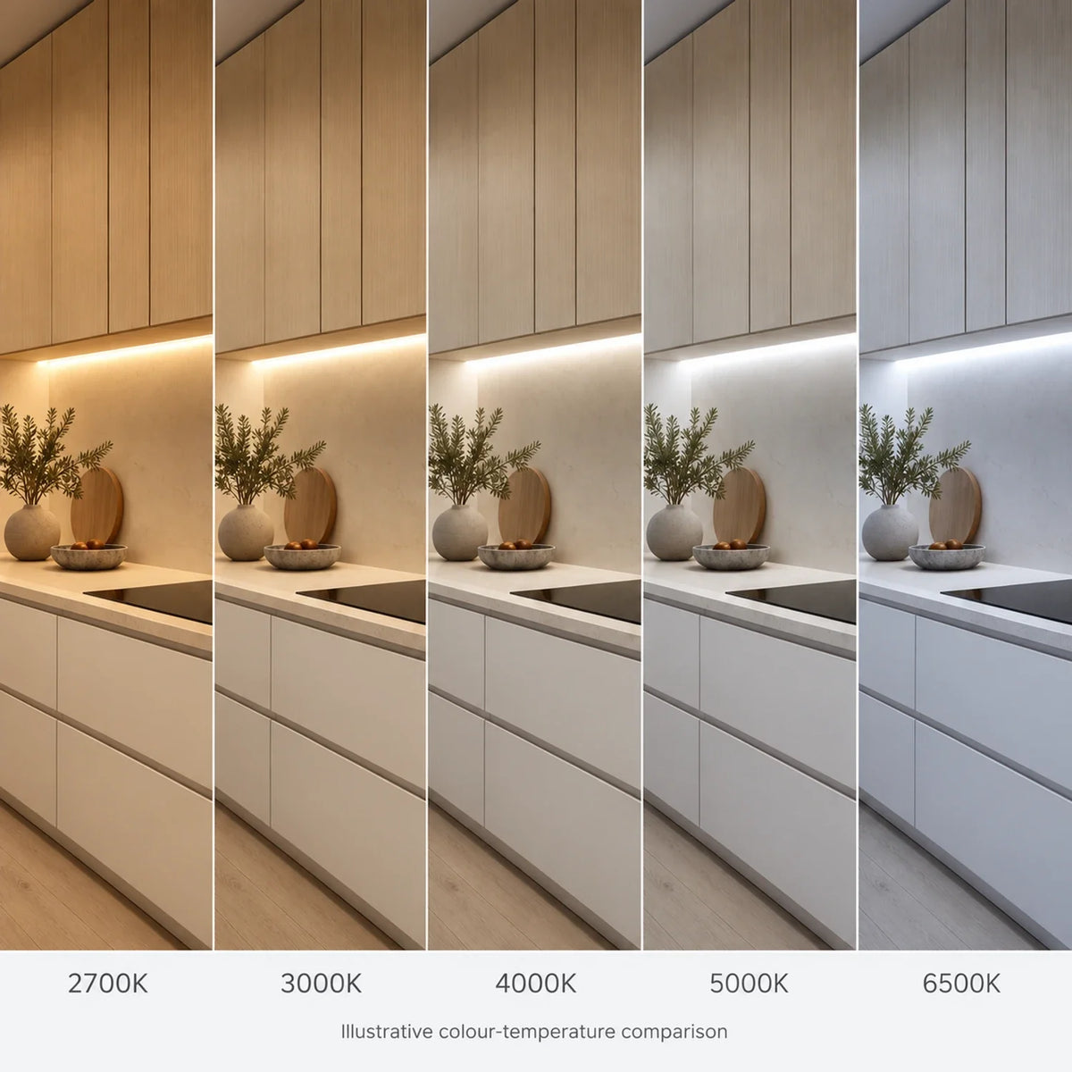 Illustrative Free Cut COB LED strip colour-temperature comparison: 2700K, 3000K, 4000K, 5000K and 6500K