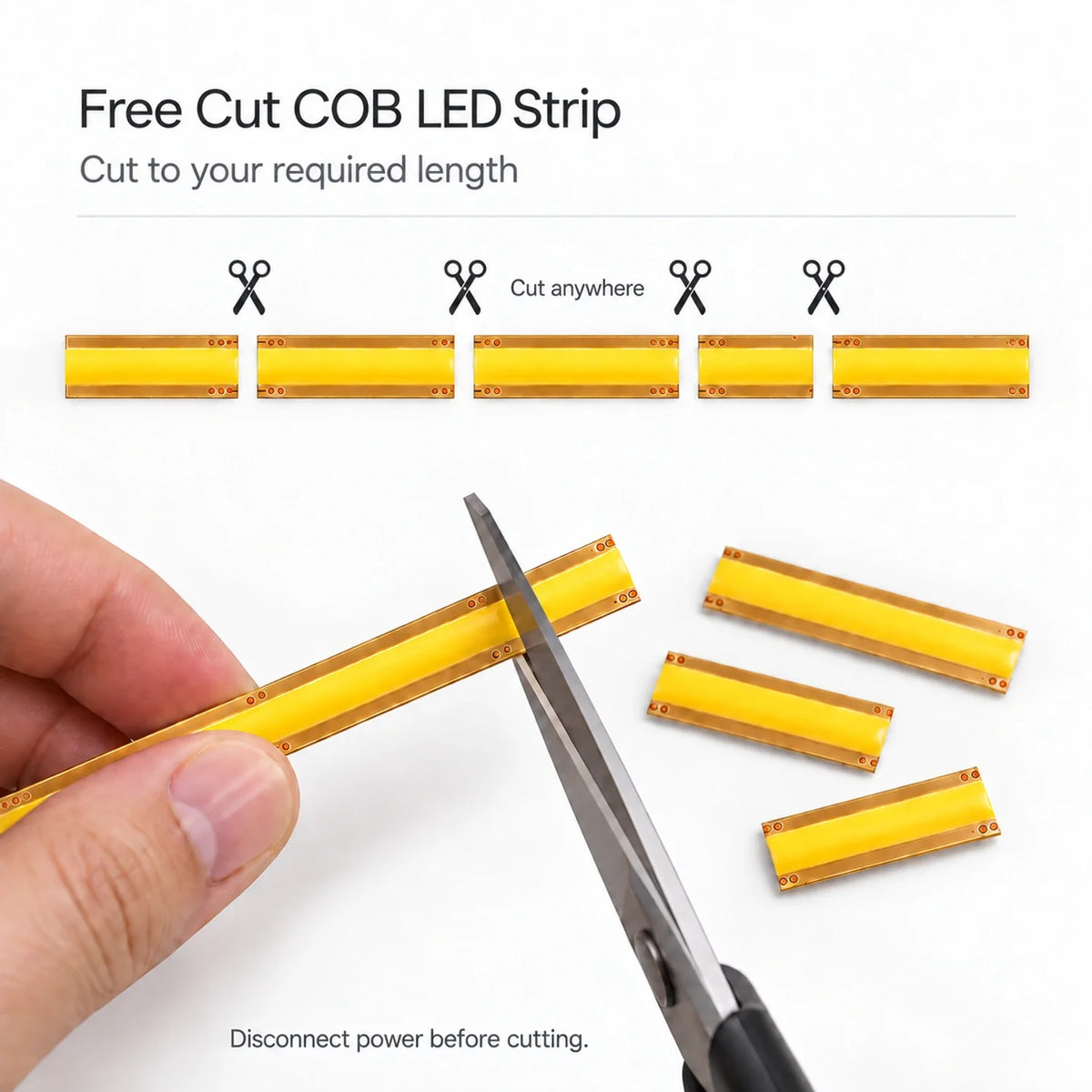 Free Cut COB LED strip with golden PCB; cut anywhere to the required length