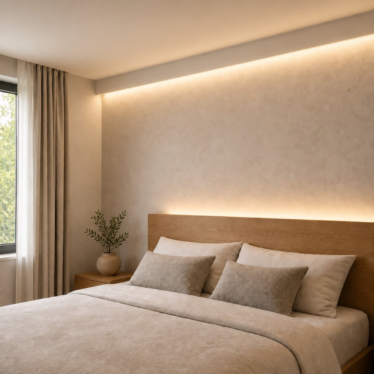 Illustrative 3000K FreeCut COB LED strip bedroom installation with continuous concealed lighting