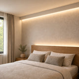 Illustrative 3000K FreeCut COB LED strip bedroom installation with continuous concealed lighting
