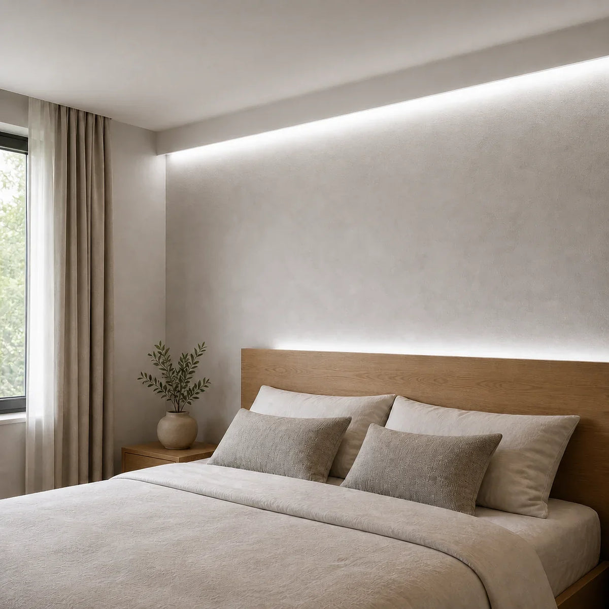 Illustrative 4000K FreeCut COB LED strip bedroom installation with continuous concealed lighting