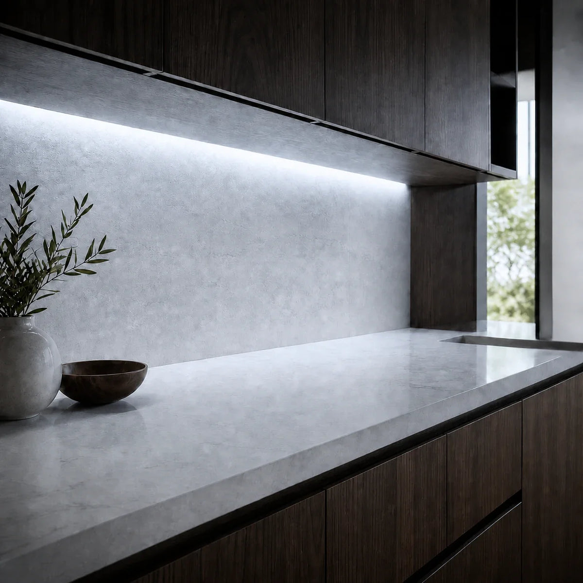 Illustrative 6500K FreeCut COB LED strip kitchen installation with continuous concealed lighting