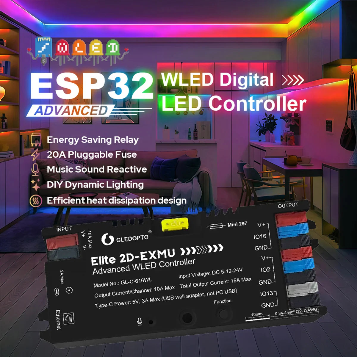 GLEDOPTO Elite 2D-EXMU ESP32 WLED Digital LED Controller with Ethernet Connection GL-C-616WL