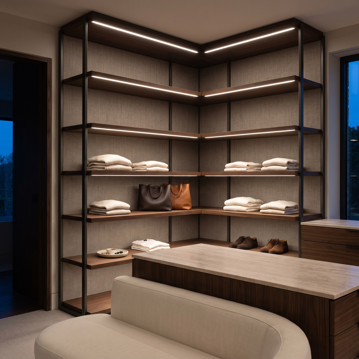 4000k white dot-free LED strip lighting beneath dark-walnut display shelves in a residential dressing room