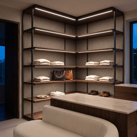 4000k white dot-free LED strip lighting beneath dark-walnut display shelves in a residential dressing room
