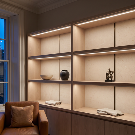 4000k white dot-free LED strip lighting beneath smoked-oak display shelving in a residential drawing room