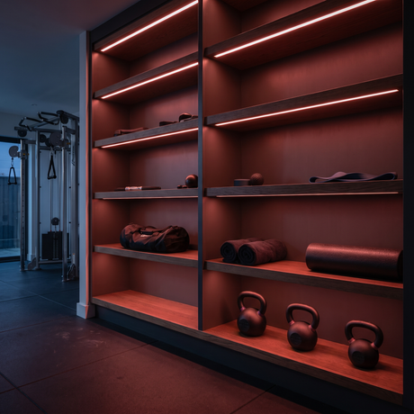 Red dot-free LED strip lighting beneath graphite-oak equipment shelves in a private gym