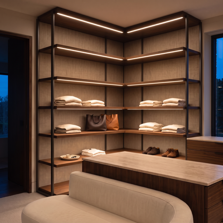 2700k white dot-free LED strip lighting beneath dark-walnut display shelves in a residential dressing room
