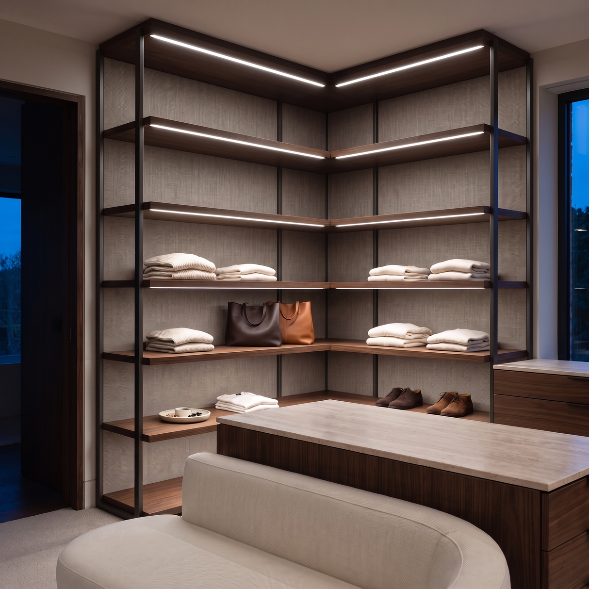 5000k white dot-free LED strip lighting beneath dark-walnut display shelves in a residential dressing room