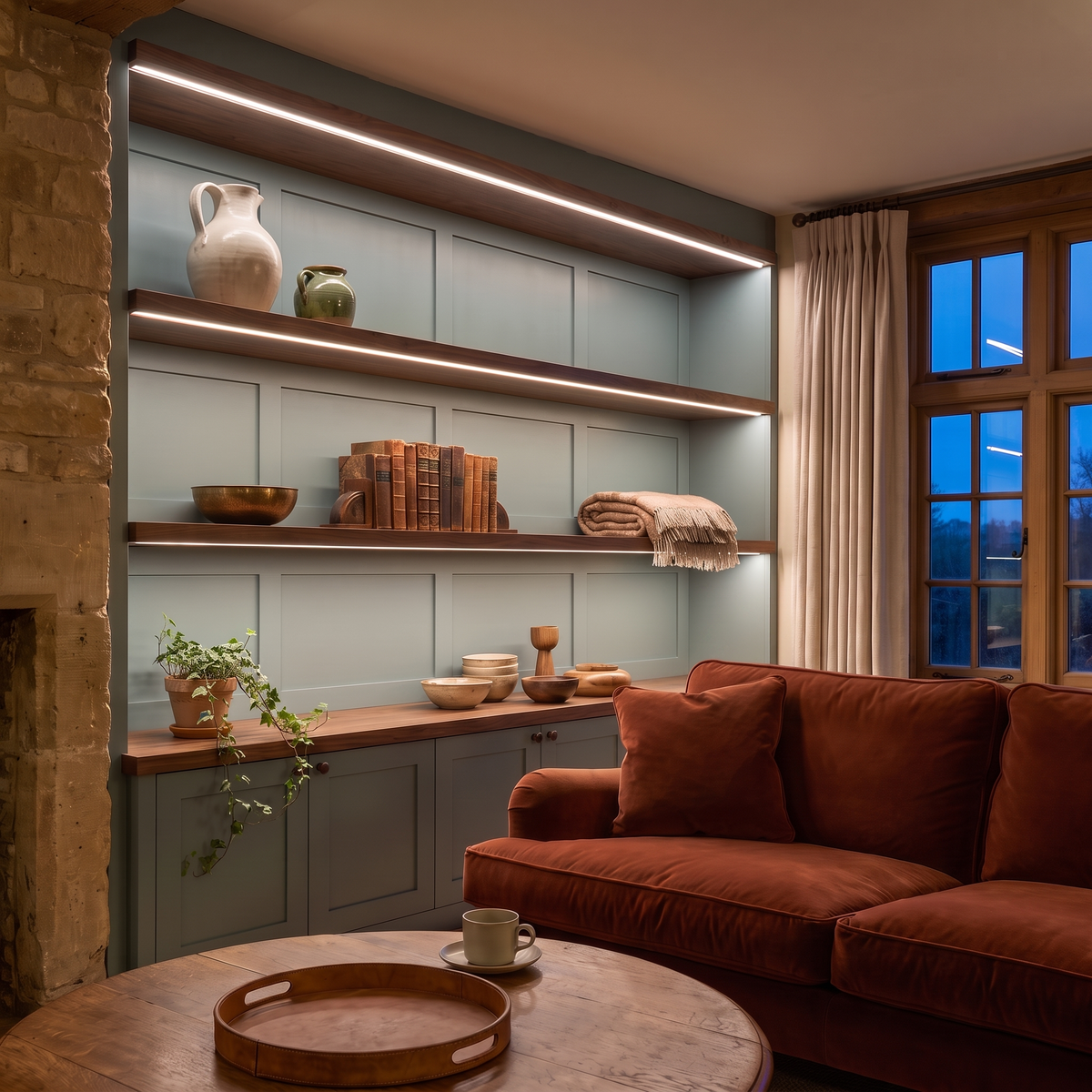 3000K white COB LED strip lighting beneath bespoke long display shelves in a beautiful British home