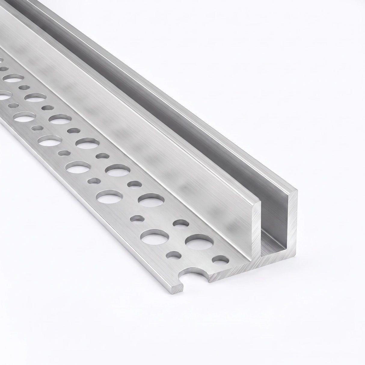 Elevated view of tile-in LED Neon Flex Profile with perforated mounting flange