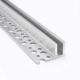 Elevated view of tile-in LED Neon Flex Profile with perforated mounting flange