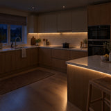 3x6mm mini neon flex in 3000K, recessed into a kitchen in a darker evening view — illustration