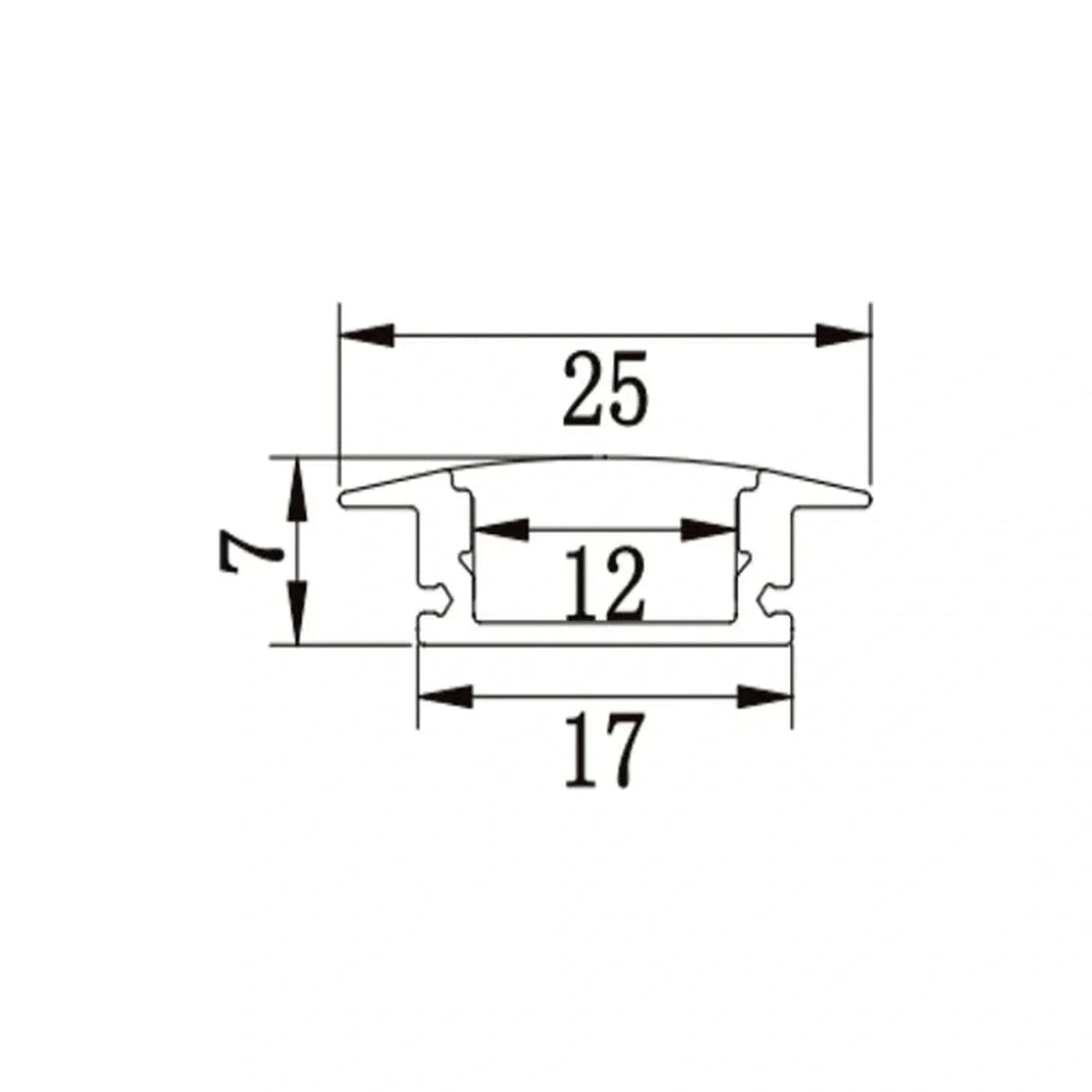 Cross-section drawing showing 25mm width 7mm height 12mm channel