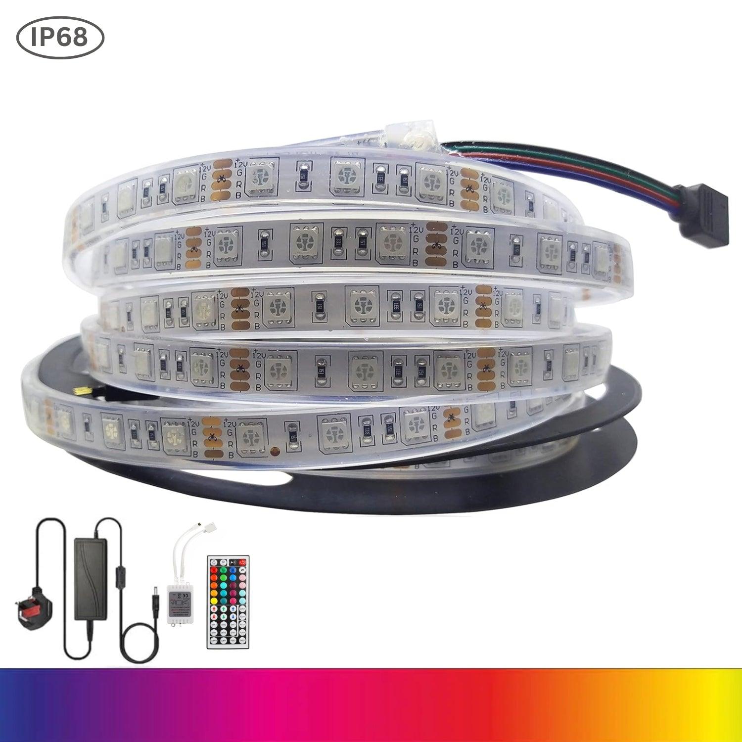 RGB LED Strip 12V 60LEDs m IP68 Fully Waterproof Dimmable 5 Metre Kit UK LED Lights