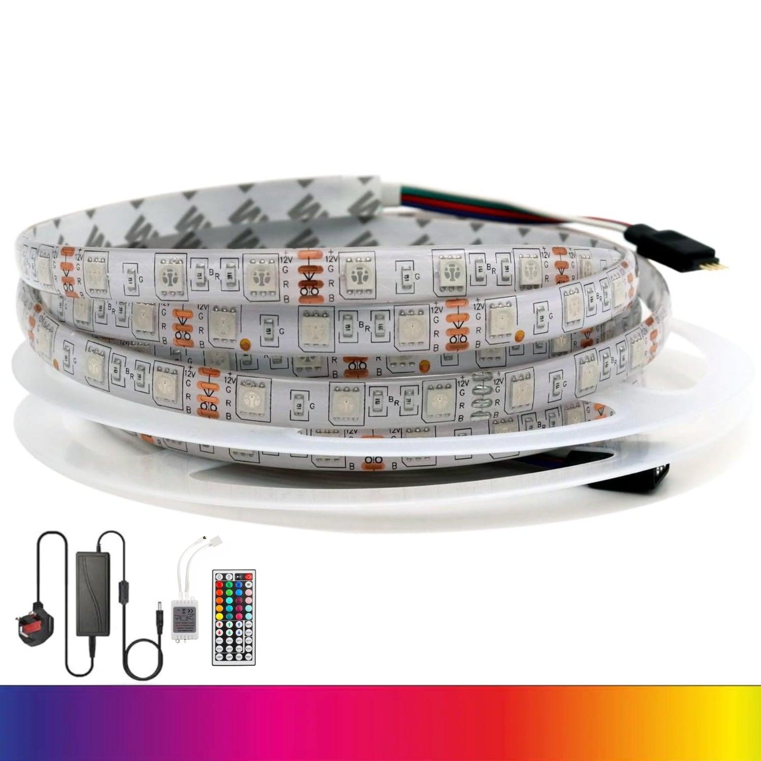 RGB LED Strip 12V IP65 Waterproof 60LED m 5 metre Kit UK LED Lights