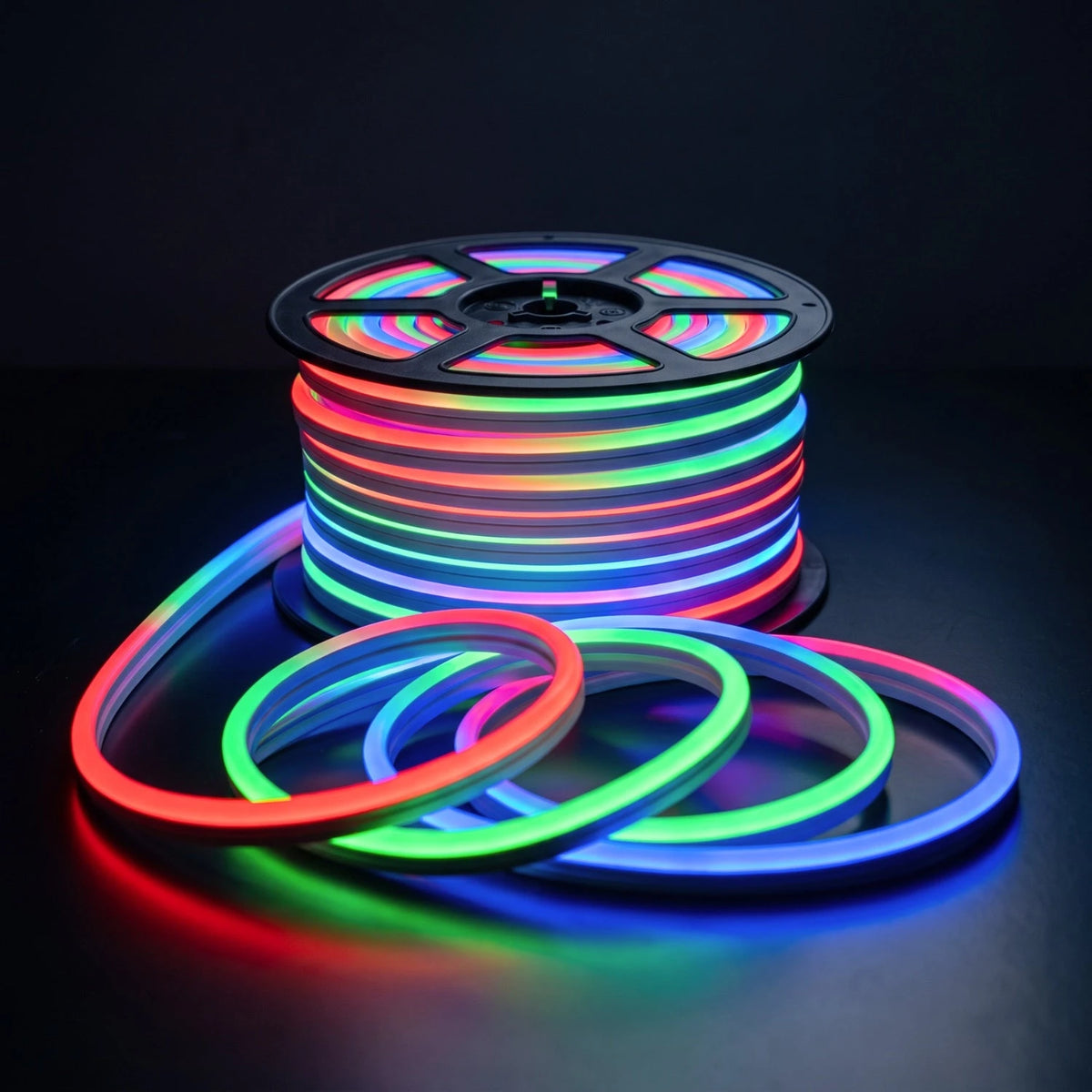 RGB LED neon flex reel and illuminated lengths, 8x16mm 220–240V remote kit