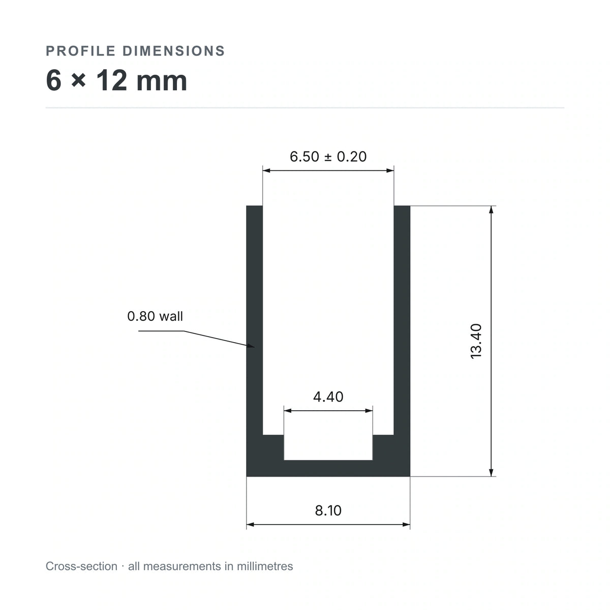 6 × 12 mm aluminium Neon Flex profile cross-section and measurements from datasheet
