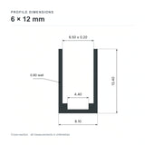 6 × 12 mm aluminium Neon Flex profile cross-section and measurements from datasheet