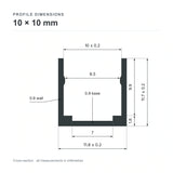 10 × 10 mm aluminium Neon Flex profile cross-section and measurements from datasheet