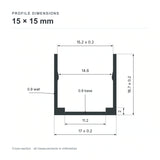 15 × 15 mm aluminium Neon Flex profile cross-section and measurements from datasheet