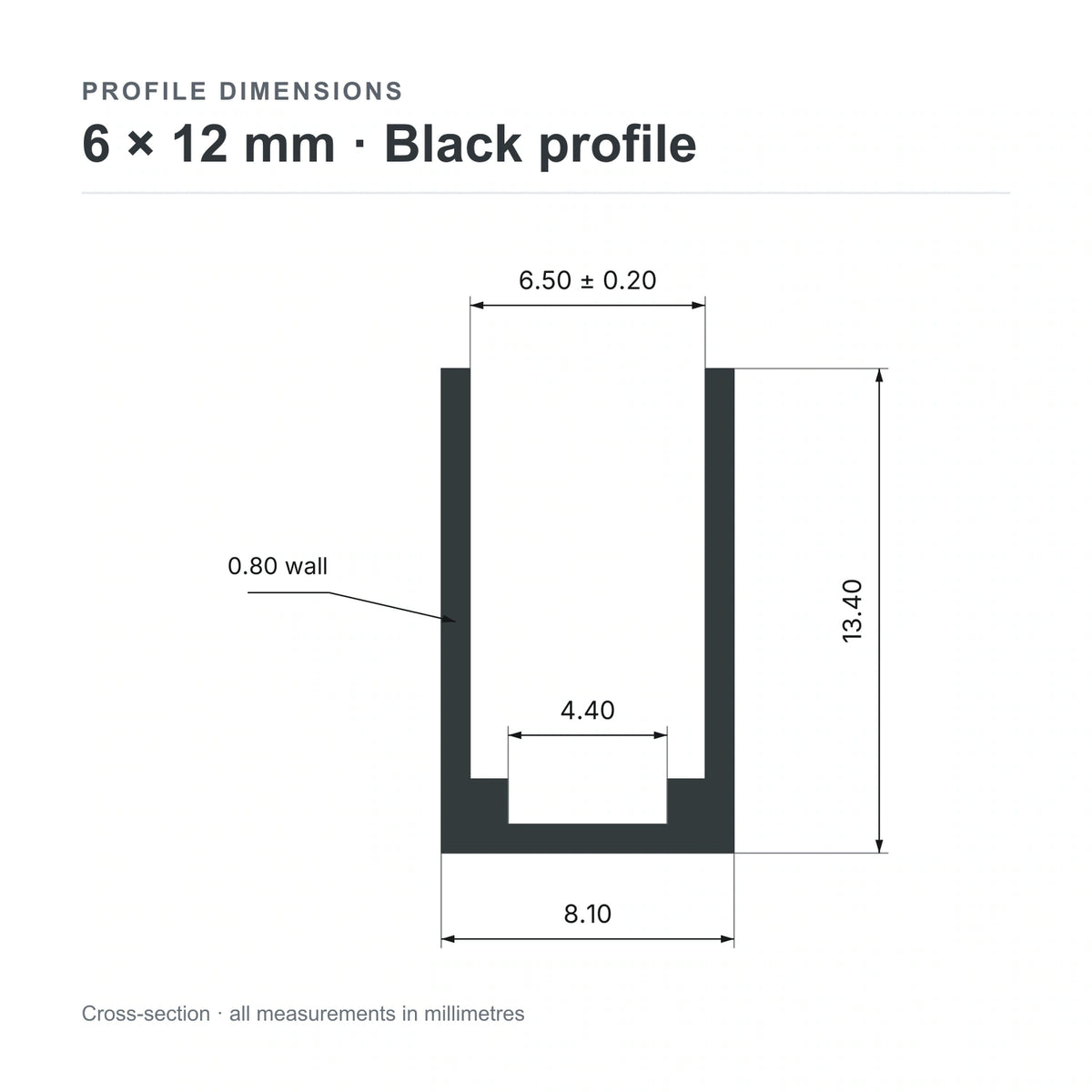 6 × 12 mm aluminium Neon Flex profile cross-section and measurements from datasheet (black)