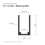 6 × 12 mm aluminium Neon Flex profile cross-section and measurements from datasheet (black)