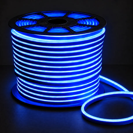 8×16mm 220–240V blue IP65 neon flex lit reel on dark charcoal background