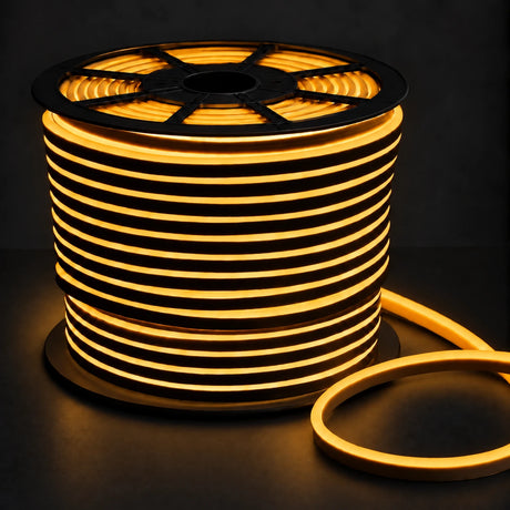 8×16mm 220–240V golden yellow IP65 neon flex lit reel on dark charcoal background