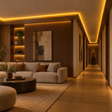 Illustrative golden yellow 8×16mm IP65 neon flex installed in dry indoor ceiling coving