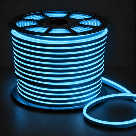 8×16mm 220–240V ice blue IP65 neon flex lit reel on dark charcoal background