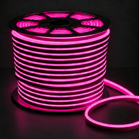 8×16mm 220–240V pink IP65 neon flex lit reel on dark charcoal background