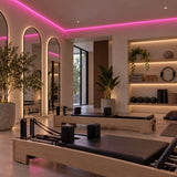 Illustrative pink 8×16mm IP65 neon flex installed in dry indoor ceiling coving